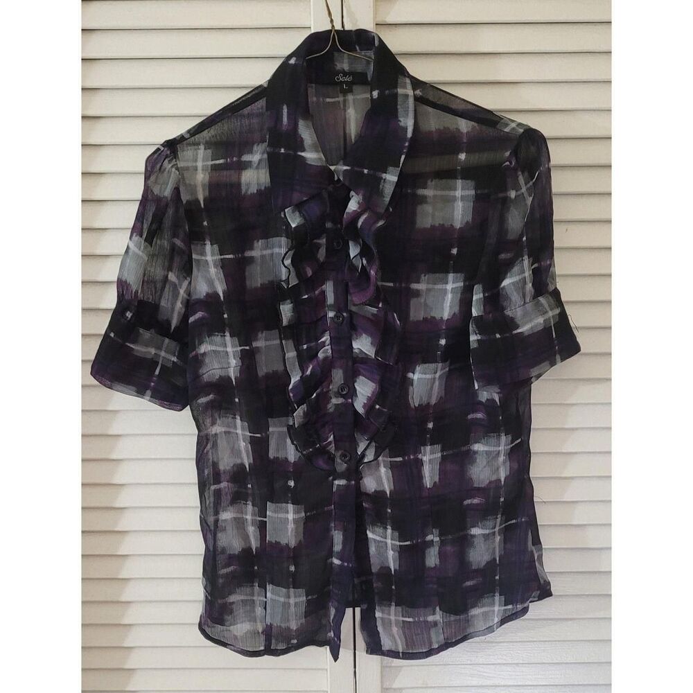 Sele Purple Plaid Ruffle Front Blouse Sheer Chiffon Short Sleeve Tab Cuff Large